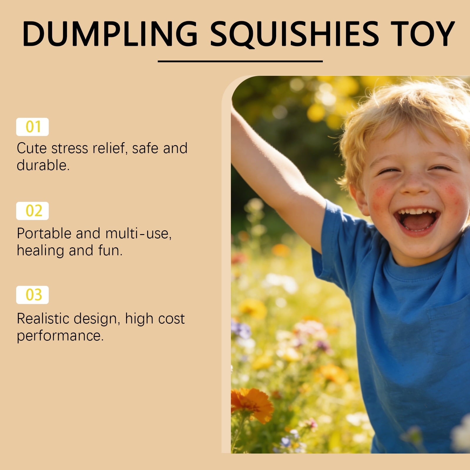 Glitter Dumpling Squishy Toy With Steamer Box - Product title 'Dumpling Squishies Toy' at top, three numbered feature points left, smiling boy in flowers right.
