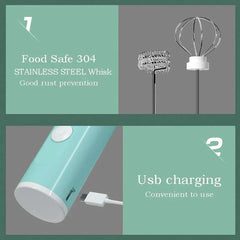Electric Hand Mixer - infographic highlighting 304 stainless steel whisk attachments and USB charging feature