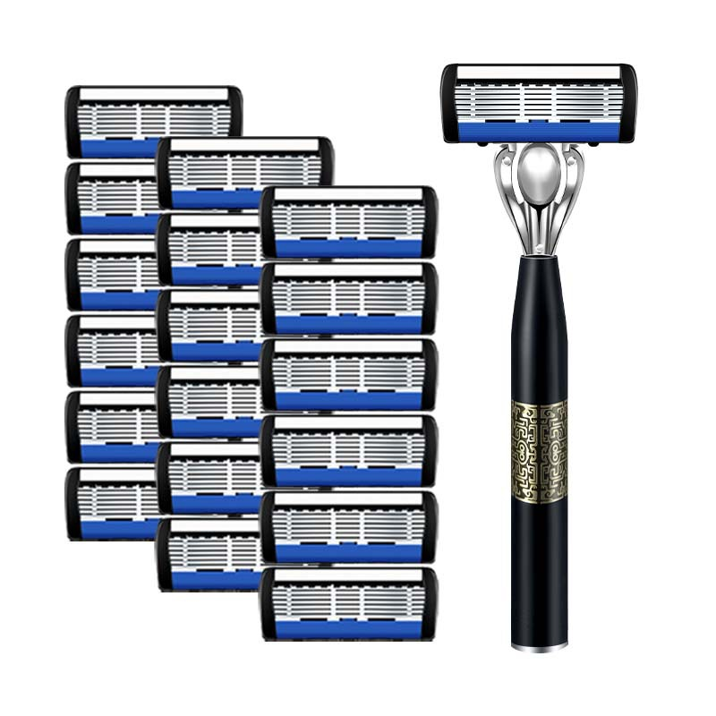 Razor System - Black manual cartridge razor with patterned gold band on handle, shown with 15 replacement cartridges arranged to its left.