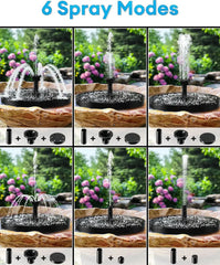 Solar Bird Bath Fountain - six different spray mode configurations displayed with nozzle part diagrams
