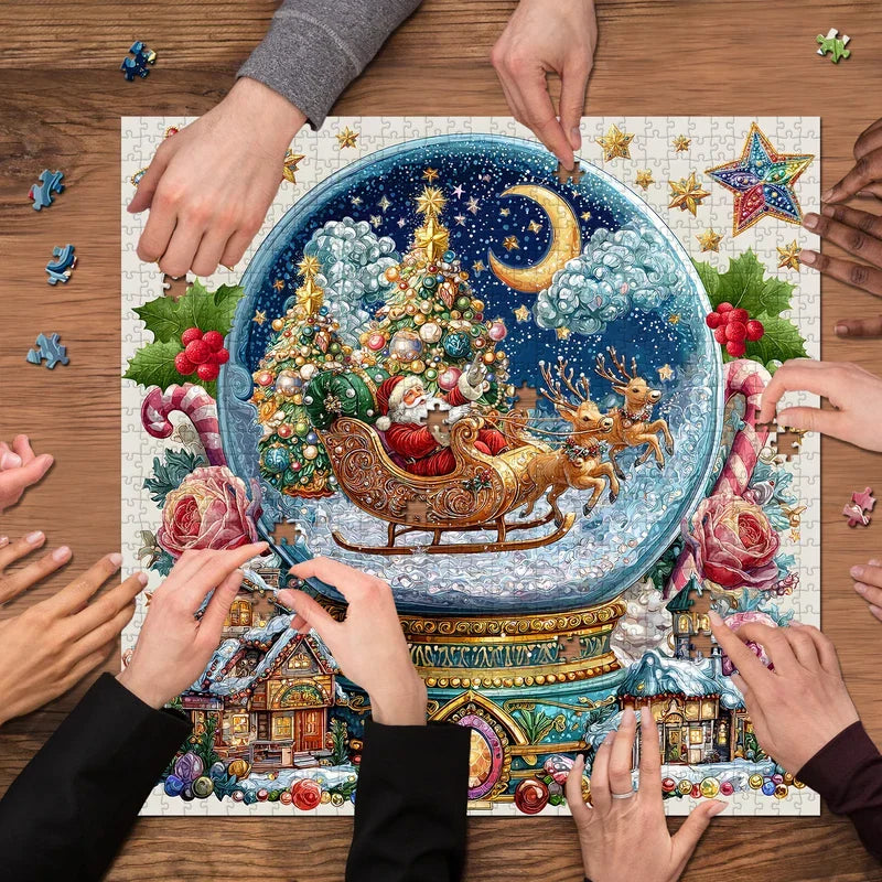 Completed Christmas crystal ball jigsaw puzzle 1000 pieces on table