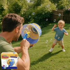 Bubble Gun - Man with beard holds blue and yellow bubble blower while a toddler plays nearby on grass