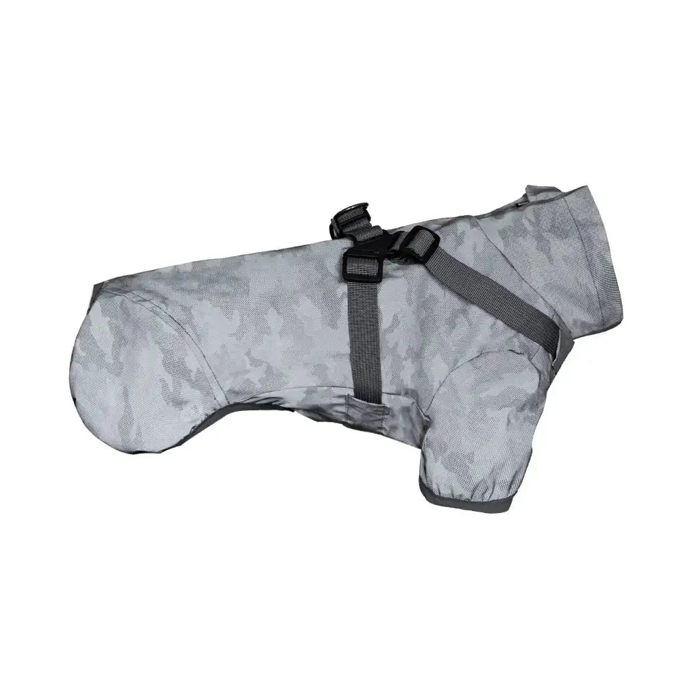 Dog Raincoat - Side view of light gray camouflage pattern dog coat with integrated dark gray harness straps and dark sleeve trim