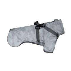Dog Raincoat - Side view of light gray camouflage pattern dog coat with integrated dark gray harness straps and dark sleeve trim