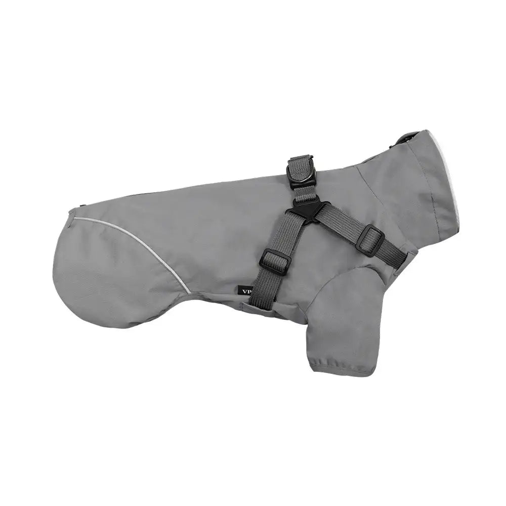 Dog Raincoat - Side view of solid gray dog coat with integrated harness straps and white rear reflective trim