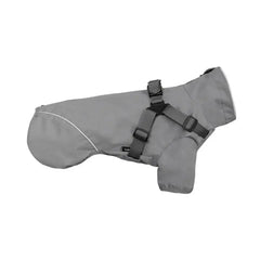 Dog Raincoat - Side view of solid gray dog coat with integrated harness straps and white rear reflective trim