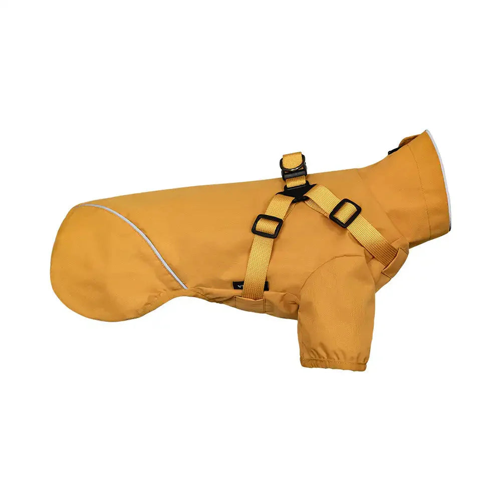 Dog Raincoat - Side view of solid mustard yellow dog coat with matching integrated harness straps and white rear reflective trim