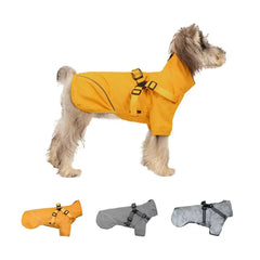 Dog Raincoat - Yellow style worn on a small terrier mix, with three additional color variants laid flat below