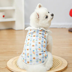 atmungsaktive haustierkleidung - süßer weißer Pomeranian-Hund in blauer Bären-Haustierweste mit Blumenrüschen und Harness, sitzend auf Holzmatte