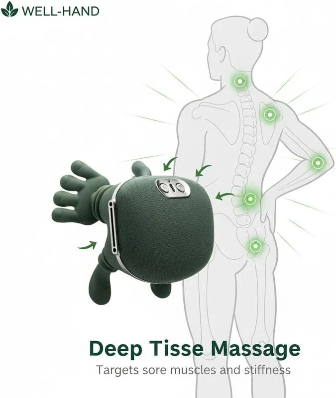Massageur pour cou et épaules - Masseur vert en forme de main à côté d'un dessin au trait d'une personne avec des points lumineux sur le cou, le dos, l'épaule, le coude et la hanche.