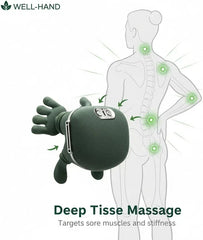 Massageur pour cou et épaules - Masseur vert en forme de main à côté d'un dessin au trait d'une personne avec des points lumineux sur le cou, le dos, l'épaule, le coude et la hanche.