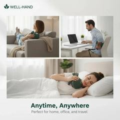 Massageur pour cou et épaules - Trois scènes distinctes montrent des personnes utilisant un masseur vert en forme de main sur un canapé, à un bureau et au lit.