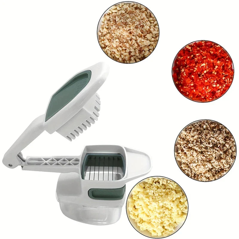 Vegetable Slicer - Open hand-held prep tool with four circular insets of chopped nuts, chili, mushroom, and garlic
