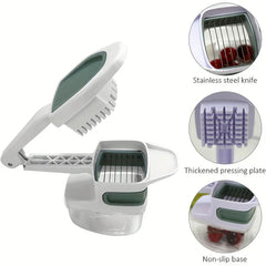 Vegetable Slicer - Open hand-held prep tool with three feature callouts: stainless steel knife, thickened pressing plate, non-slip base