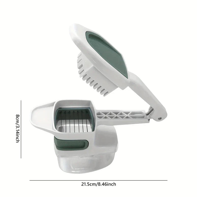 Vegetable Slicer - Open white and green hand-held vegetable cutter with base, with 21.5cm length and 8cm height dimension labels on white background