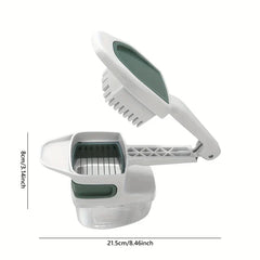 Vegetable Slicer - Open white and green hand-held vegetable cutter with base, with 21.5cm length and 8cm height dimension labels on white background