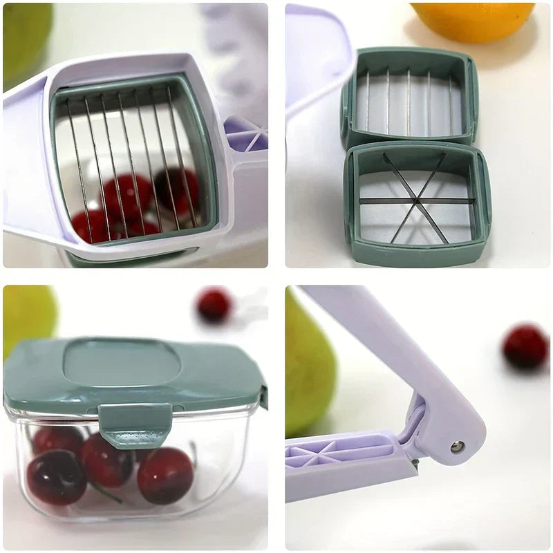 Vegetable Slicer - Four-panel collage showing cherry pitter cutter blades, two interchangeable blade inserts, closed storage container with cherries, and cutter arm detail