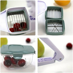 Vegetable Slicer - Four-panel collage showing cherry pitter cutter blades, two interchangeable blade inserts, closed storage container with cherries, and cutter arm detail