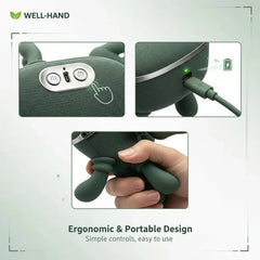 Massageur pour cou et épaules - Appareil portable vert avec boutons de commande, port de charge USB-C avec câble branché et voyant lumineux, et une main tenant ses protubérances ergonomiques.