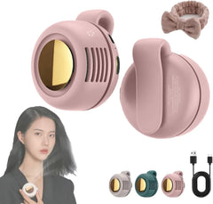 Portable clip-on bladeless fan in pink, white, and green with USB cable and hairband accessory