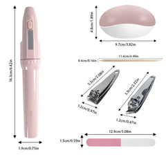 Manicure Grooming Kit - Dimension diagrams of pink manicure set components, with measurements in cm and inches