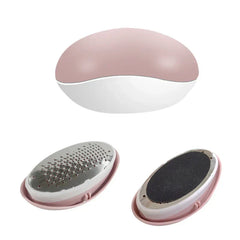 Manicure Grooming Kit - Pink and white egg-shaped tool with two interchangeable heads: one perforated metal, one black abrasive pad