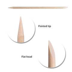 Manicure Grooming Kit - Wooden stick with pointed tip and flat head ends, with close-up views of each end labeled