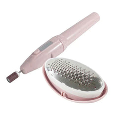 Manicure Grooming Kit - Pink electric nail drill with sanding band next to oval foot file