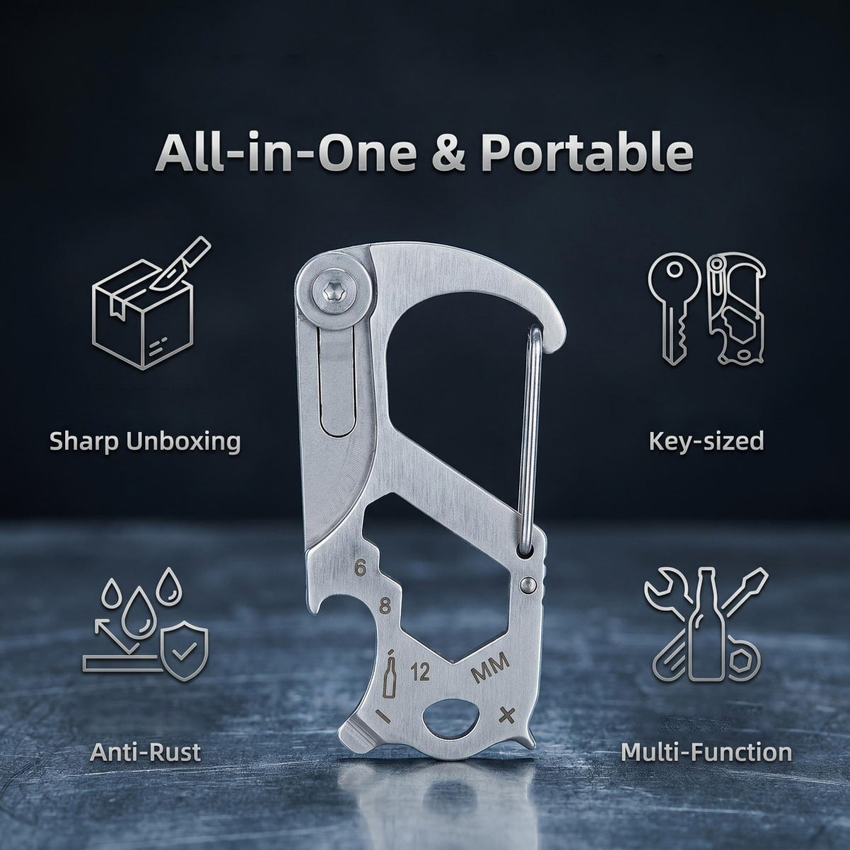 Edc Carabiner Keychain - All-in-one portable multi-tool standing on a dark surface, with labeled feature callouts surrounding it