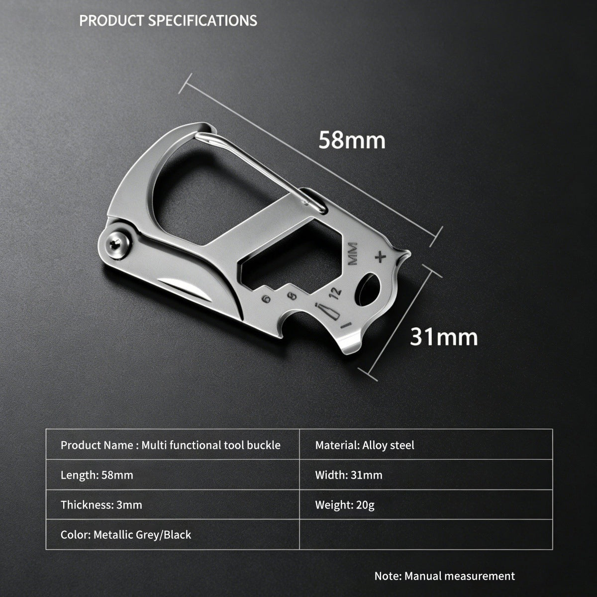 Edc Carabiner Keychain - Closed D-shape carabiner multi-tool with size dimensions over a dark smooth background, with specification table below