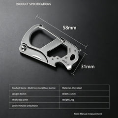 Edc Carabiner Keychain - Closed D-shape carabiner multi-tool with size dimensions over a dark smooth background, with specification table below