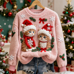 Cute Cat Collection – Women’s Flannel Crew-Neck Sweatshirt with 3D Print