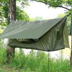 Lay-flat waterproof hammock , featuring insect netting and a rain fly.