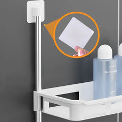 estante de almacenamiento para garaje - Primer plano de un estante de almacenamiento montado en la pared, con un círculo ampliado que muestra la almohadilla adhesiva transparente de montaje