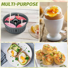 Egg Boiler - Collage titled MULTI-PURPOSE shows mold with popsicles, soft-boiled egg in cup, avocado toast, and mini egg bites