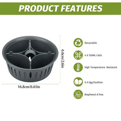 Egg Boiler - Gray round silicone mold with 4 sections, dimension labels, and 5 feature icons on white background