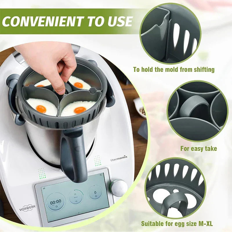 Egg Boiler - hand placing poached egg mold into kitchen appliance with feature callouts