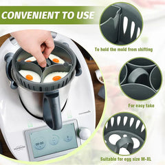 Egg Boiler - hand placing poached egg mold into kitchen appliance with feature callouts