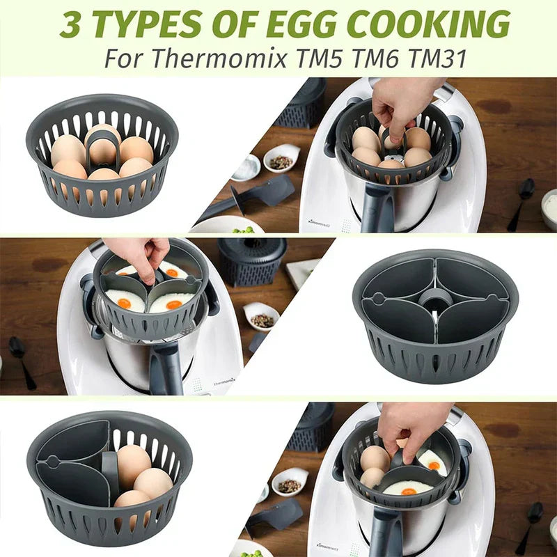 Egg Boiler - collage showing three egg cooking methods with compatible appliance