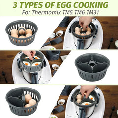 Egg Boiler - collage showing three egg cooking methods with compatible appliance