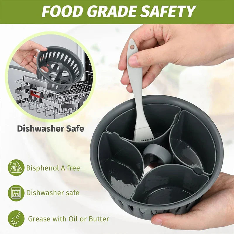 Egg Boiler - Hands holding gray 4-section mold with spatula inside; left shows mold in dishwasher, 3 safety feature labels below
