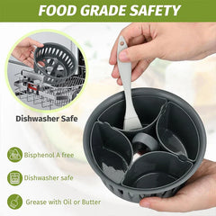 Egg Boiler - Hands holding gray 4-section mold with spatula inside; left shows mold in dishwasher, 3 safety feature labels below