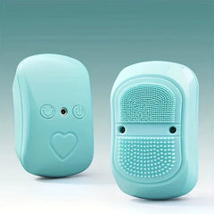 Facial Cleanser Scalp Massager - Front and back view of light blue silicone cleansing device with control buttons