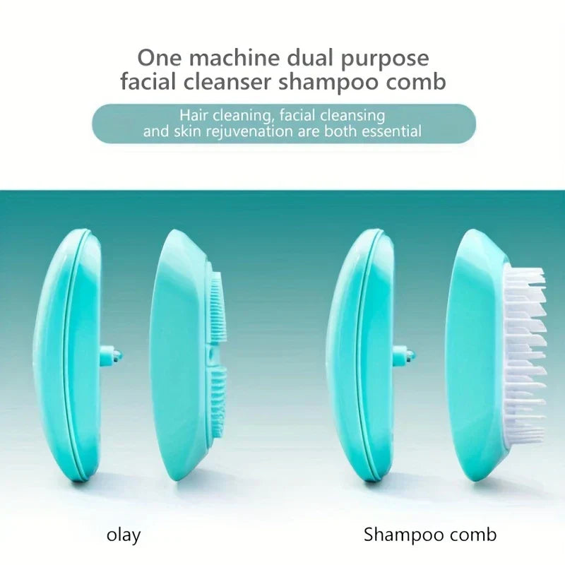Facial Cleanser Scalp Massager - Four side views of a turquoise dual-purpose device, with text labeling one side 'olay' and the other 'Shampoo comb'.