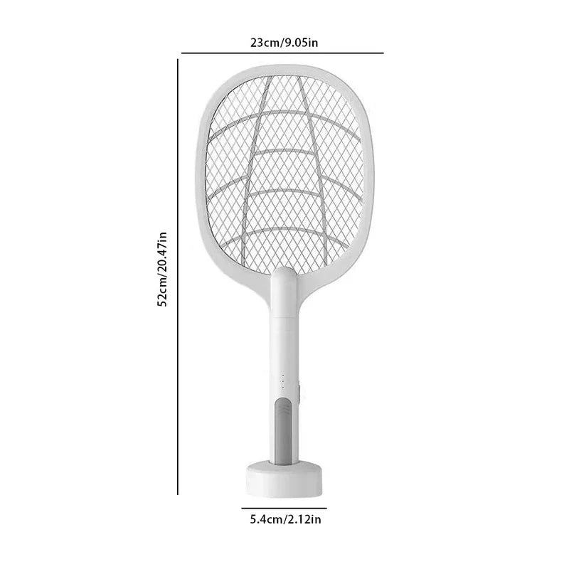 White electric fly swatter with base, labeled with dimensions 23cm/9.05in width, 52cm/20.47in height, 5.4cm/2.12in base width on white background