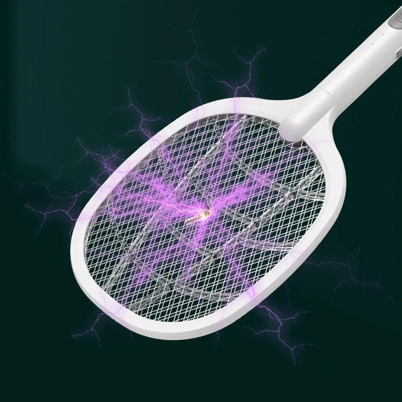 White electric fly swatter net with purple electric arcs and a small insect at the center against a dark background