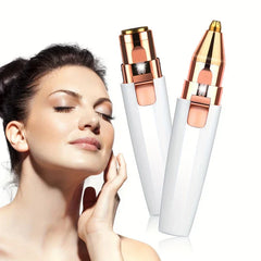 Beard Trimmer - woman touching smooth cheek next to two white and rose gold 2-in-1 grooming tools