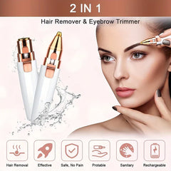 Beard Trimmer - infographic showing 2-in-1 hair remover and eyebrow trimmer with feature icons and usage demonstration