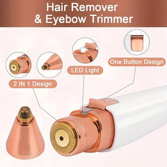Beard Trimmer - 2-in-1 hair remover and eyebrow trimmer with rose gold accents, showing 2IN1 Design, LED Light, and One Button Design callouts with part close-ups