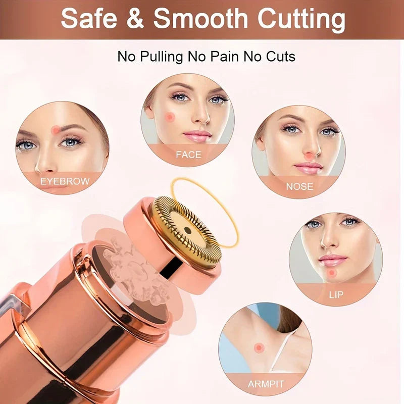 Beard Trimmer - Diagram of trimmer blade head, with circular insets marking use areas: eyebrow, face, nose, lip, armpit, and text Safe & Smooth Cutting No Pulling No Pain No Cuts